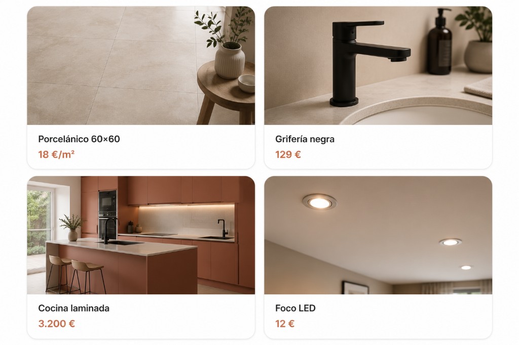 Materiales del marketplace de ReformAI Homes: porcelánico, grifería, cocina e iluminación